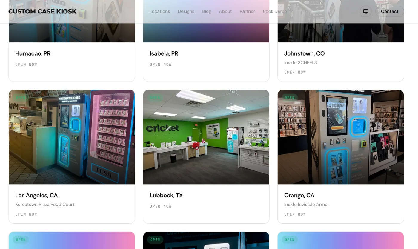 Sitio web Custom Case Kiosk, Estados Unidos