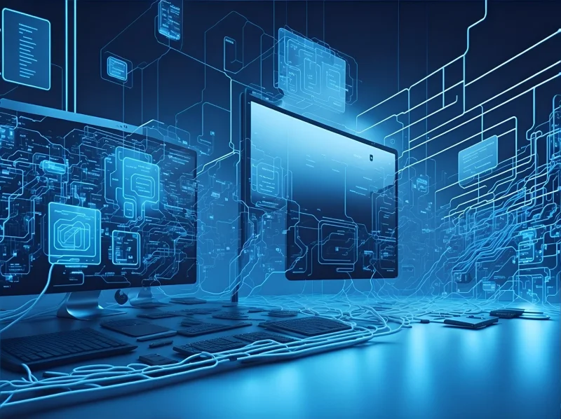 Современное цифровое рабочее пространство с компьютерным монитором с голографическими элементами интерфейса, схемами и синими неоновыми световыми эффектами в футуристической офисной среде