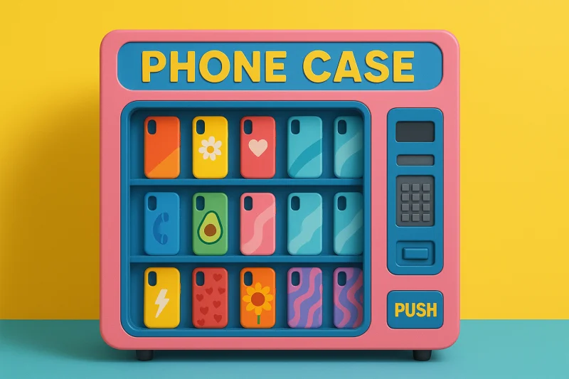 Telefon kılıfı otomat makinesi iş konseptini gösteren renkli illüstrasyon, kar büyümesi ve müşteri katılımını gösteriyor